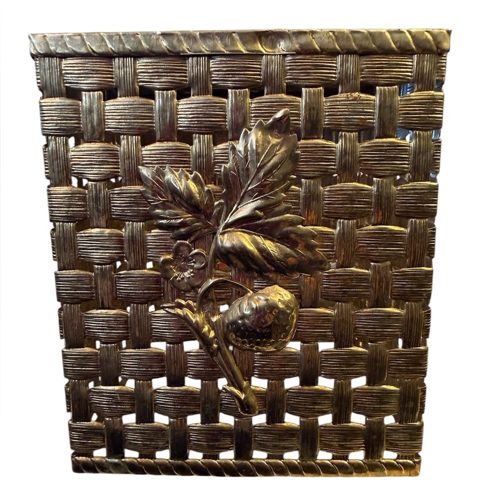 Vintage Kleenex Tissue Box Cover Gold Metal Basket Weave Raised Strawberry MCM!